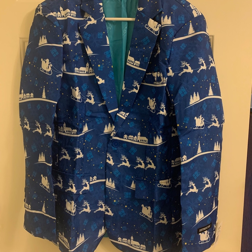 Men's Blue Christmas Sleigh Ride Graphic Blazer